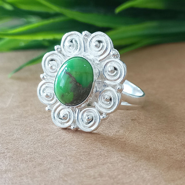 925 Sterling Silver Oval Turquoise Ring, New Design Natural Green Copper Turquoise Oval Stone Ring, Turquoise Oval Ring, Statement Ring