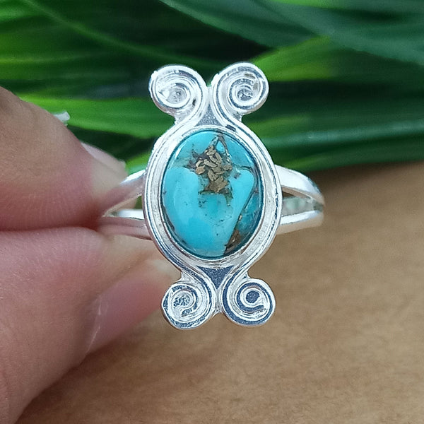 925 Sterling Silver Oval Turquoise Ring, New Design Natural Blue Copper Turquoise Oval Stone Ring, Turquoise Oval Ring, Statement Ring