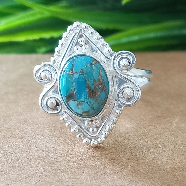 925 Sterling Silver Oval Turquoise Ring, New Design Natural Blue Copper Turquoise Oval Stone Ring, Turquoise Oval Ring, Statement Ring