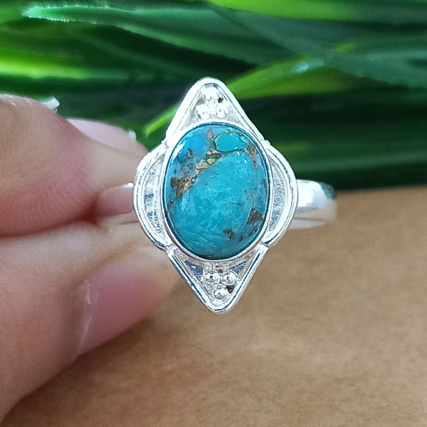 925 Sterling Silver Oval Turquoise Ring, New Design Natural Blue Copper Turquoise Oval Stone Ring, Turquoise Oval Ring, Statement Ring