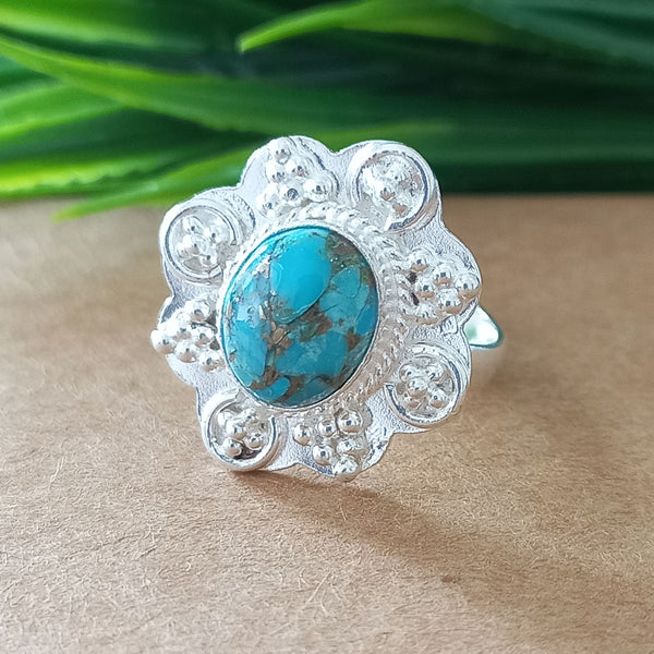 925 Sterling Silver Oval Turquoise Ring, New Design Natural Blue Copper Turquoise Oval Stone Ring, Turquoise Oval Ring, Statement Ring