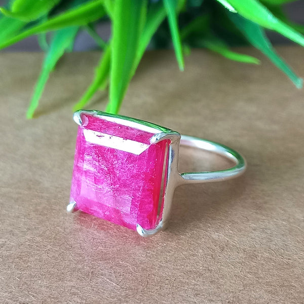 Amazing RED RUBY Square Silver Solitaire Ring, 925 Sterling Silver Prong Ring, Red Ruby Square Cut Gemstone Silver Ring, Prong ring
