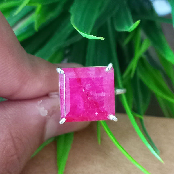 Amazing RED RUBY Square Silver Solitaire Ring, 925 Sterling Silver Prong Ring, Red Ruby Square Cut Gemstone Silver Ring, Prong ring