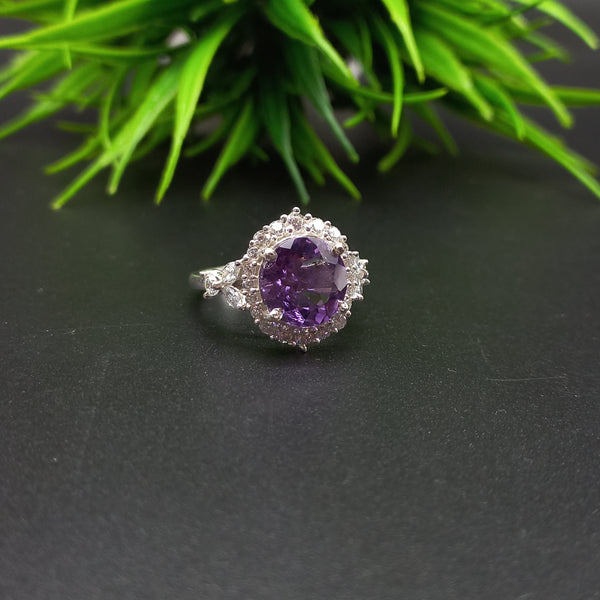 Natural Purple Amethyst Round Solitaire Silver Ring, 925 Sterling Silver Ring, Engagement - Wedding Ring, Dainty American Diamond Jewelry