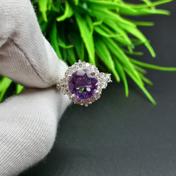 Natural Purple Amethyst Round Solitaire Silver Ring, 925 Sterling Silver Ring, Engagement - Wedding Ring, Dainty American Diamond Jewelry