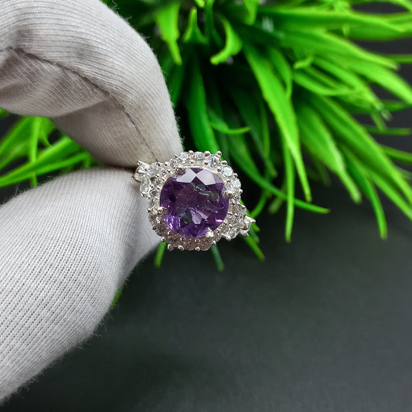 Natural Purple Amethyst Round Solitaire Silver Ring, 925 Sterling Silver Ring, Engagement - Wedding Ring, Dainty American Diamond Jewelry