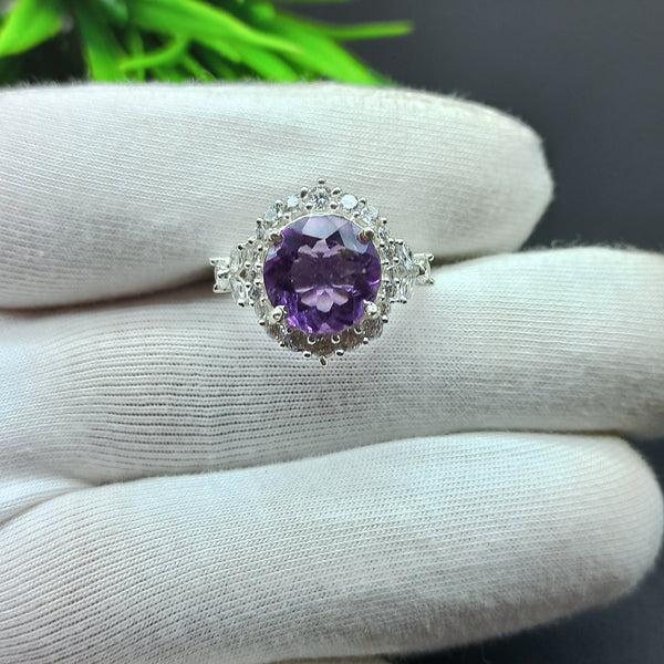 Natural Purple Amethyst Round Solitaire Silver Ring, 925 Sterling Silver Ring, Engagement - Wedding Ring, Dainty American Diamond Jewelry