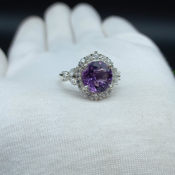 Natural Purple Amethyst Round Solitaire Silver Ring, 925 Sterling Silver Ring, Engagement - Wedding Ring, Dainty American Diamond Jewelry