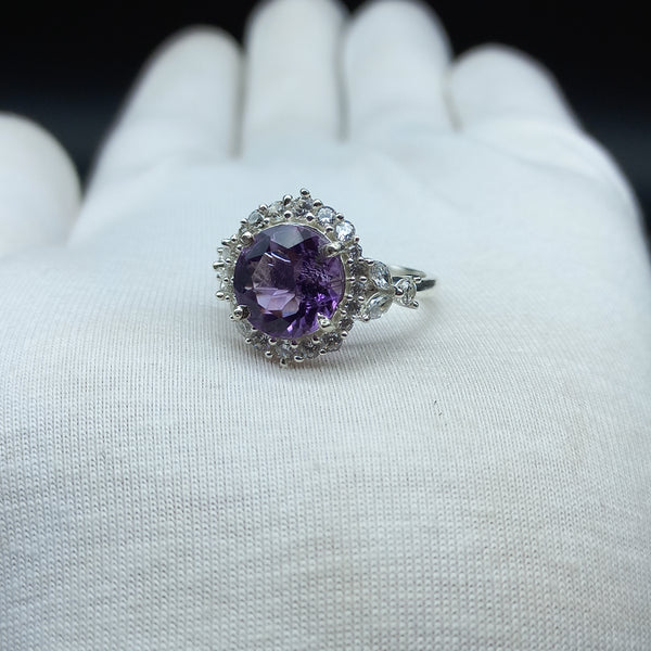 Natural Purple Amethyst Round Solitaire Silver Ring, 925 Sterling Silver Ring, Engagement - Wedding Ring, Dainty American Diamond Jewelry
