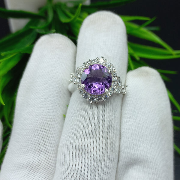 Natural Purple Amethyst Round Solitaire Silver Ring, 925 Sterling Silver Ring, Engagement - Wedding Ring, Dainty American Diamond Jewelry