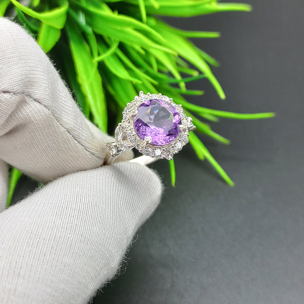 Natural Purple Amethyst Round Solitaire Silver Ring, 925 Sterling Silver Ring, Engagement - Wedding Ring, Dainty American Diamond Jewelry