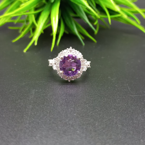 Natural Purple Amethyst Round Solitaire Silver Ring, 925 Sterling Silver Ring, Engagement - Wedding Ring, Dainty American Diamond Jewelry