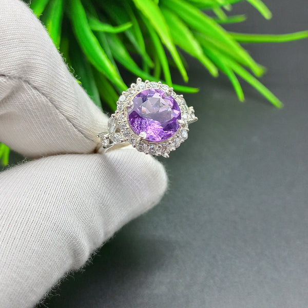 Natural Purple Amethyst Round Solitaire Silver Ring, 925 Sterling Silver Ring, Engagement - Wedding Ring, Dainty American Diamond Jewelry