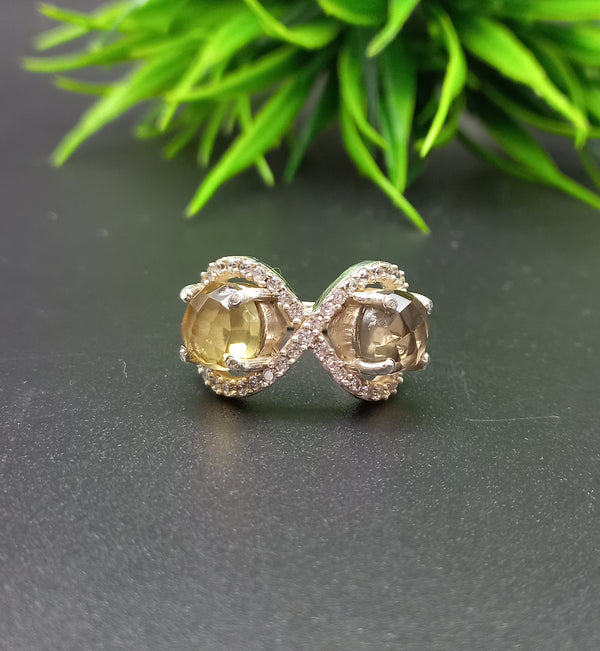 925 Sterling Silver | Estate Checkerboard Cut Silver Ring | Round Smoky & Citrine Ring | Infinity Ring | Wedding Ring | Dainty Ring |