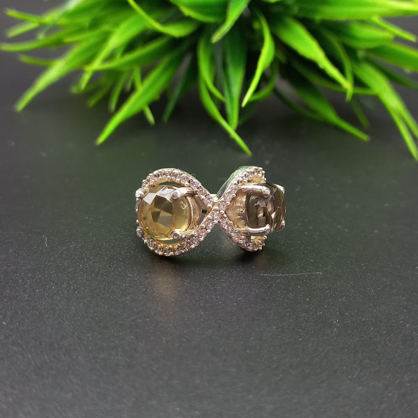 925 Sterling Silver | Estate Checkerboard Cut Silver Ring | Round Smoky & Citrine Ring | Infinity Ring | Wedding Ring | Dainty Ring |