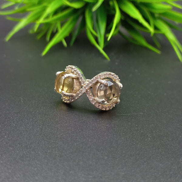 925 Sterling Silver | Estate Checkerboard Cut Silver Ring | Round Smoky & Citrine Ring | Infinity Ring | Wedding Ring | Dainty Ring |