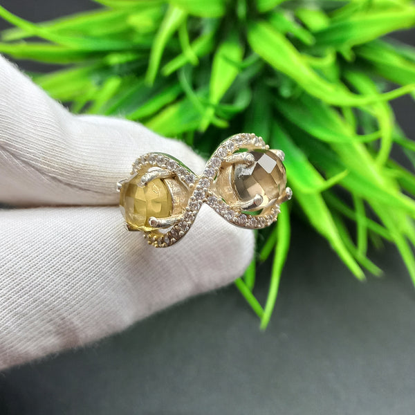 925 Sterling Silver | Estate Checkerboard Cut Silver Ring | Round Smoky & Citrine Ring | Infinity Ring | Wedding Ring | Dainty Ring |