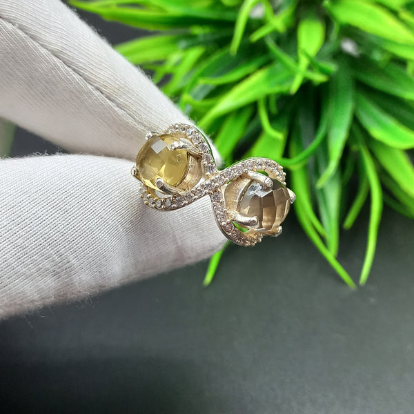 925 Sterling Silver | Estate Checkerboard Cut Silver Ring | Round Smoky & Citrine Ring | Infinity Ring | Wedding Ring | Dainty Ring |
