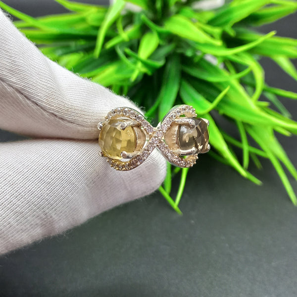 925 Sterling Silver | Estate Checkerboard Cut Silver Ring | Round Smoky & Citrine Ring | Infinity Ring | Wedding Ring | Dainty Ring |