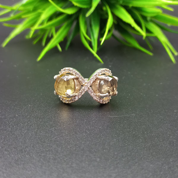 925 Sterling Silver | Estate Checkerboard Cut Silver Ring | Round Smoky & Citrine Ring | Infinity Ring | Wedding Ring | Dainty Ring |