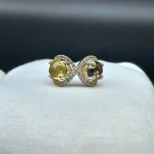 925 Sterling Silver | Estate Checkerboard Cut Silver Ring | Round Smoky & Citrine Ring | Infinity Ring | Wedding Ring | Dainty Ring |