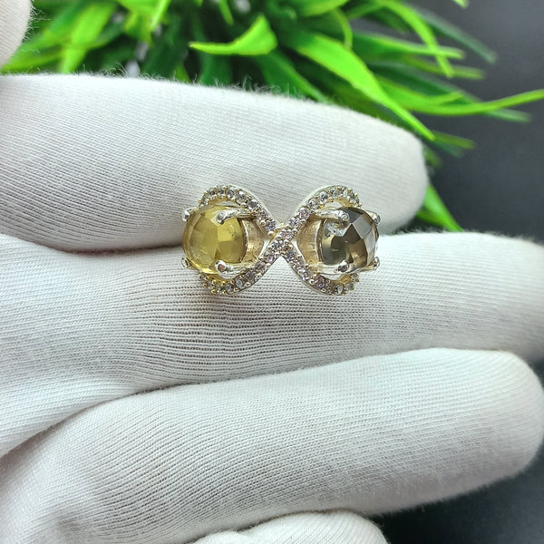 925 Sterling Silver | Estate Checkerboard Cut Silver Ring | Round Smoky & Citrine Ring | Infinity Ring | Wedding Ring | Dainty Ring |