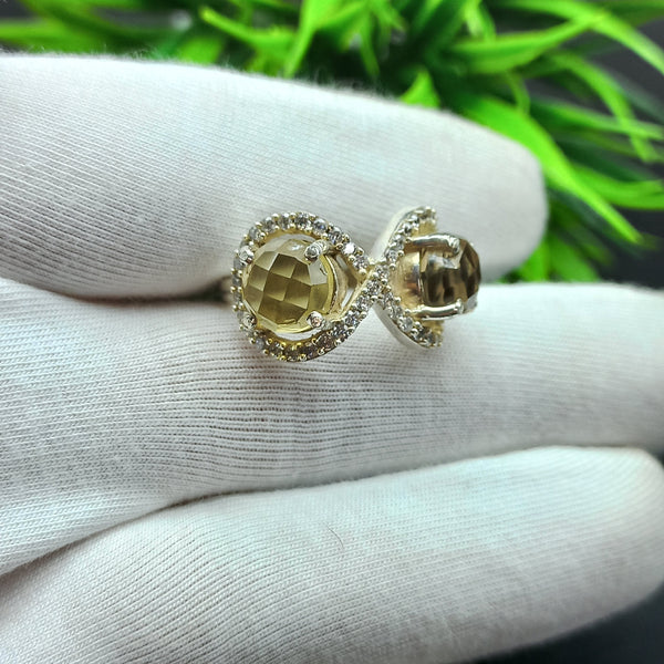 925 Sterling Silver | Estate Checkerboard Cut Silver Ring | Round Smoky & Citrine Ring | Infinity Ring | Wedding Ring | Dainty Ring |