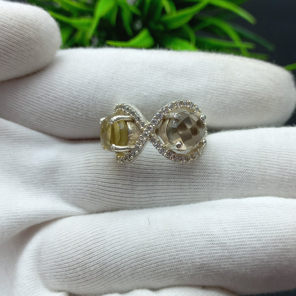 925 Sterling Silver | Estate Checkerboard Cut Silver Ring | Round Smoky & Citrine Ring | Infinity Ring | Wedding Ring | Dainty Ring |