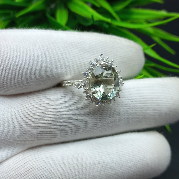 925 Sterling Silver Ring | Natural Green Amethyst Solitaire Ring | Oval Cut Gemstone Silver Ring | Dainty Jewelry | Amethyst Jewelry |