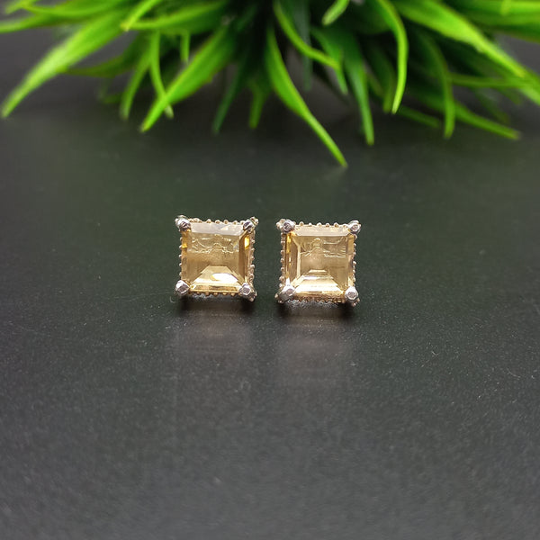 925 Sterling Silver | Natural Citrine Stud Earring | Square Cut Gemstone Silver Earring | Citrine Jewelry | November Birthstone Jewelry |
