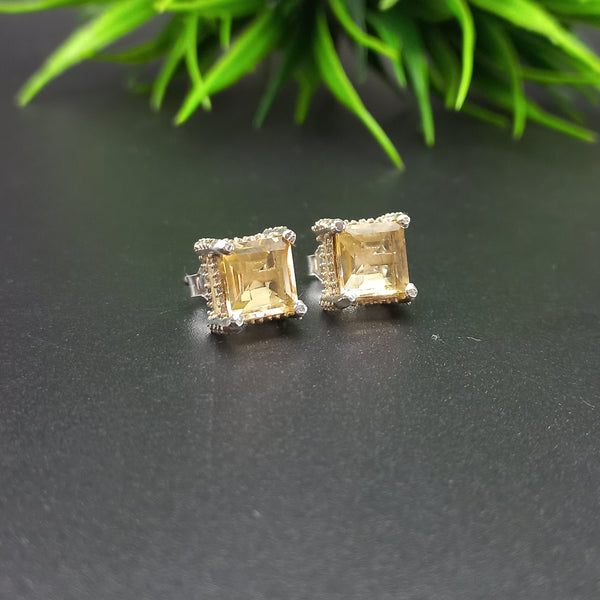 925 Sterling Silver | Natural Citrine Stud Earring | Square Cut Gemstone Silver Earring | Citrine Jewelry | November Birthstone Jewelry |