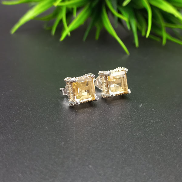 925 Sterling Silver | Natural Citrine Stud Earring | Square Cut Gemstone Silver Earring | Citrine Jewelry | November Birthstone Jewelry |