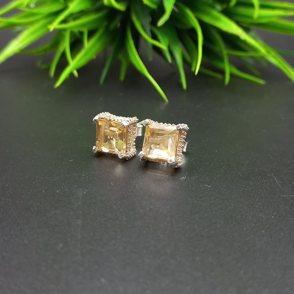 925 Sterling Silver | Natural Citrine Stud Earring | Square Cut Gemstone Silver Earring | Citrine Jewelry | November Birthstone Jewelry |