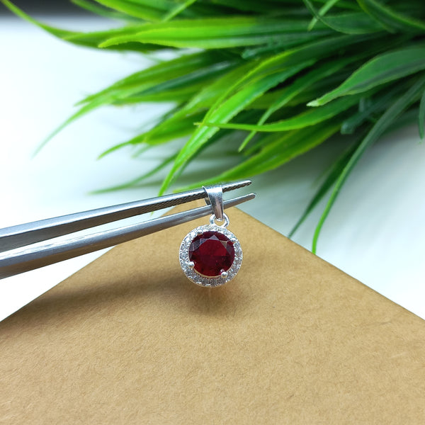 925 Sterling Silver Faceted Cubic Zirconia Pendant, 6MM Red Cubic Zirconia Charms in Silver, American Diamond Round Pendant, Charm Pendant