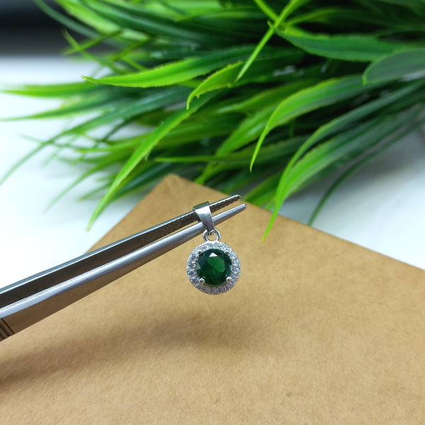 925 Sterling Silver Green Halo Pendant for Women, 5MM Silver Classic Round Pendant with Green & Clear Cubic Zirconia Stones For Girls