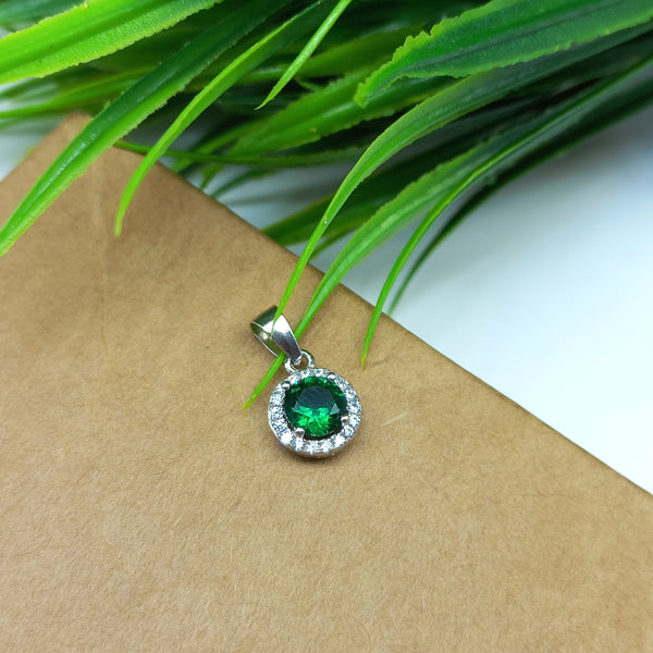 925 Sterling Silver Green Halo Pendant for Women, 5MM Silver Classic Round Pendant with Green & Clear Cubic Zirconia Stones For Girls