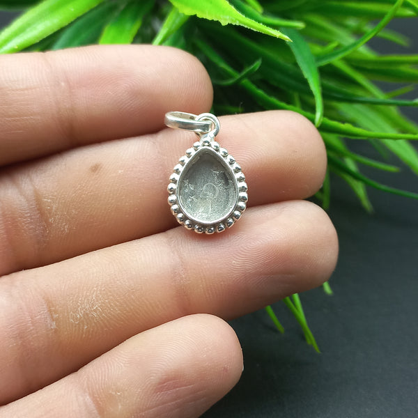 925 Sterling Silver Pendant, Beaded Bezel Cup Close Blank Collet Pear Pendant, Setting For Making Pendant 6x4 MM To 14x21 MM, DIY