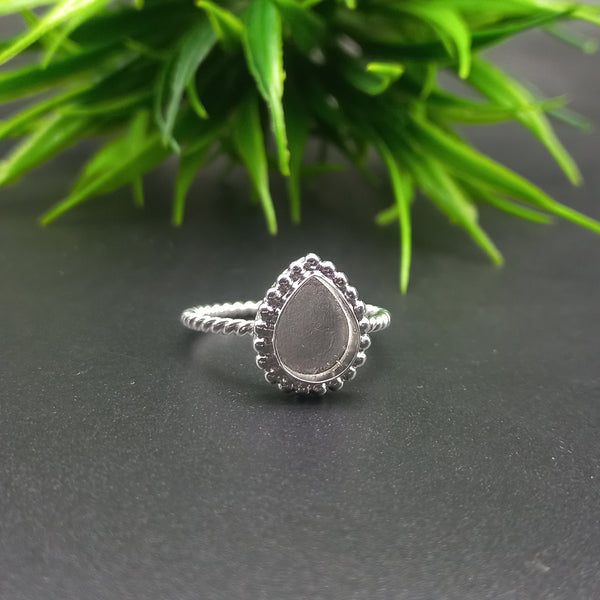 925 Sterling Silver Close Blank Pear Ring, Beaded Spiral wire Bezel Cup Ring, Setting For Making Ring 6x4 MM To 14x21 MM, DIY Jewelry