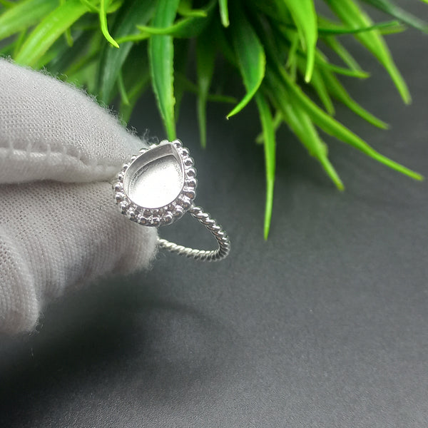 925 Sterling Silver Close Blank Pear Ring, Beaded Spiral wire Bezel Cup Ring, Setting For Making Ring 6x4 MM To 14x21 MM, DIY Jewelry