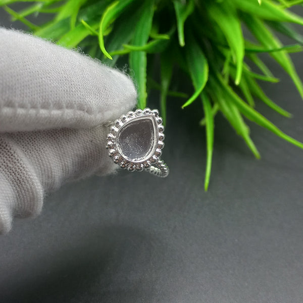925 Sterling Silver Close Blank Pear Ring, Beaded Spiral wire Bezel Cup Ring, Setting For Making Ring 6x4 MM To 14x21 MM, DIY Jewelry