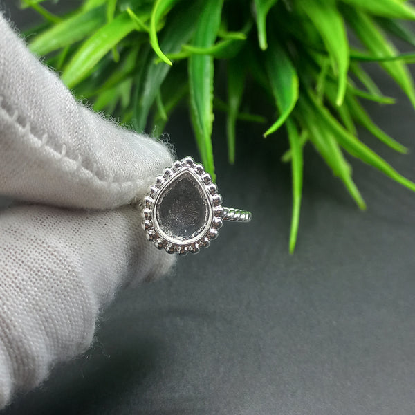 925 Sterling Silver Close Blank Pear Ring, Beaded Spiral wire Bezel Cup Ring, Setting For Making Ring 6x4 MM To 14x21 MM, DIY Jewelry