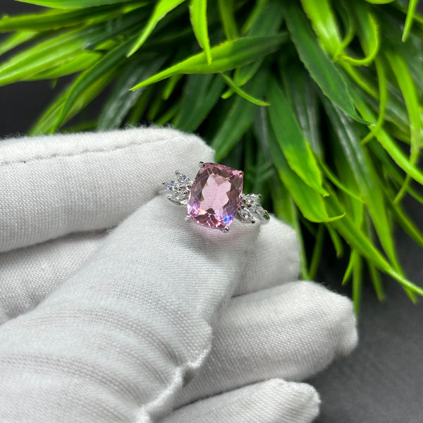 Natural Pink Quartz Octagon Solitaire Silver Ring, 925 Sterling Silver Ring, Engagement - Wedding Ring, Dainty American Diamond Jewelry