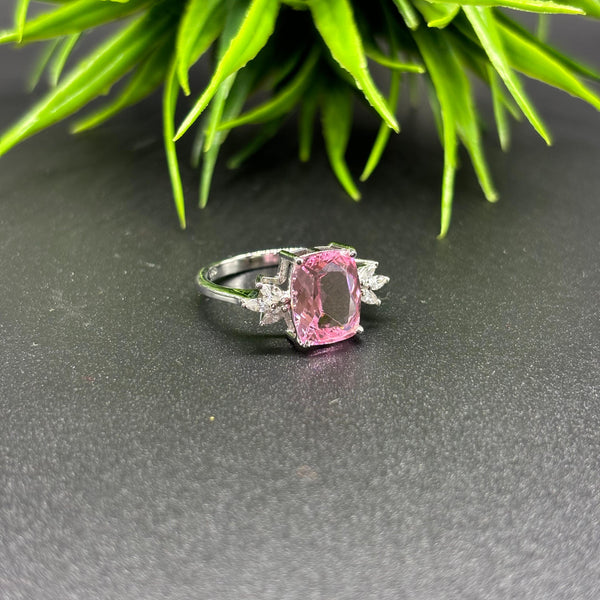 Natural Pink Quartz Octagon Solitaire Silver Ring, 925 Sterling Silver Ring, Engagement - Wedding Ring, Dainty American Diamond Jewelry