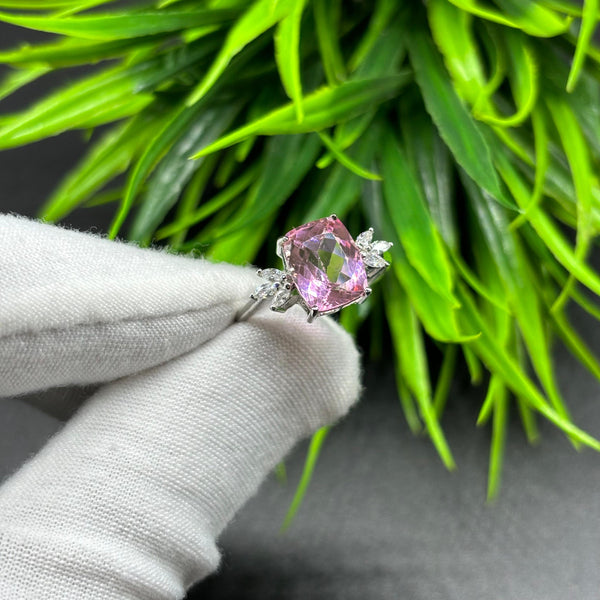 Natural Pink Quartz Octagon Solitaire Silver Ring, 925 Sterling Silver Ring, Engagement - Wedding Ring, Dainty American Diamond Jewelry