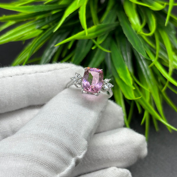 Natural Pink Quartz Octagon Solitaire Silver Ring, 925 Sterling Silver Ring, Engagement - Wedding Ring, Dainty American Diamond Jewelry