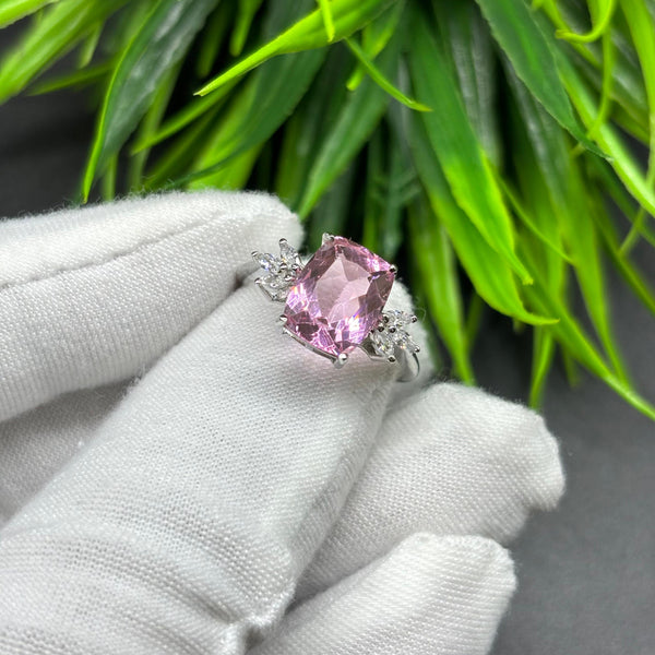 Natural Pink Quartz Octagon Solitaire Silver Ring, 925 Sterling Silver Ring, Engagement - Wedding Ring, Dainty American Diamond Jewelry