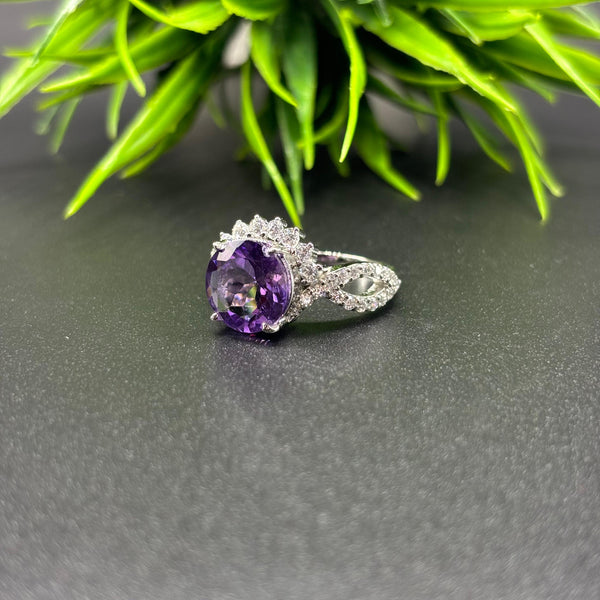 Natural Purple Amethyst Round Solitaire Silver Ring, 925 Sterling Silver Ring, Engagement - Wedding Ring, Dainty American Diamond Jewelry