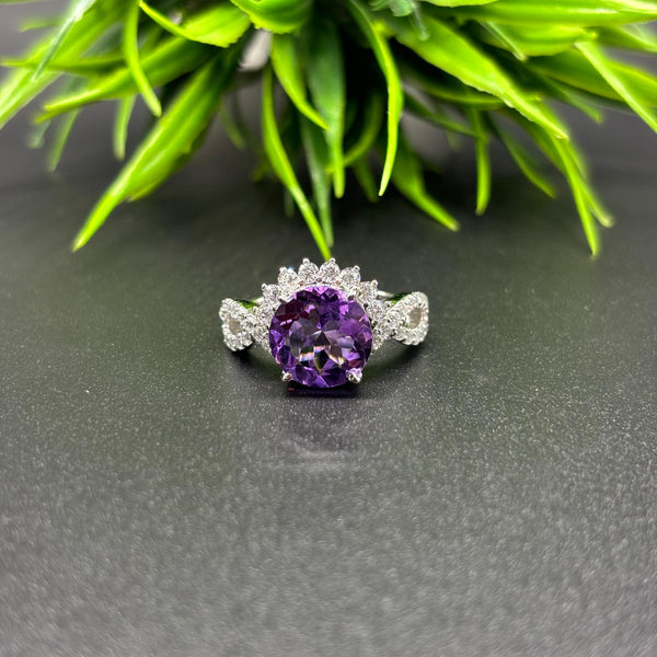 Natural Purple Amethyst Round Solitaire Silver Ring, 925 Sterling Silver Ring, Engagement - Wedding Ring, Dainty American Diamond Jewelry