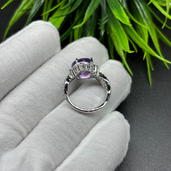 Natural Purple Amethyst Round Solitaire Silver Ring, 925 Sterling Silver Ring, Engagement - Wedding Ring, Dainty American Diamond Jewelry