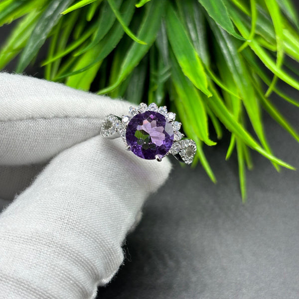Natural Purple Amethyst Round Solitaire Silver Ring, 925 Sterling Silver Ring, Engagement - Wedding Ring, Dainty American Diamond Jewelry